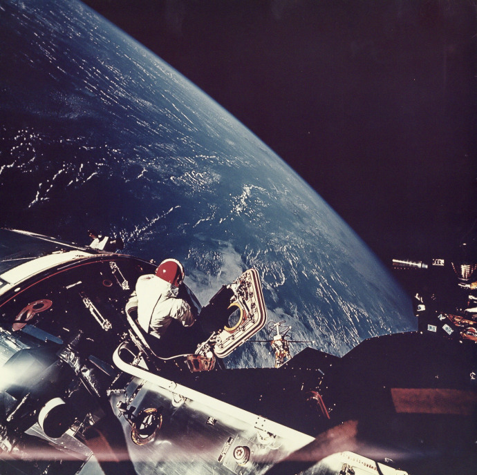 The Apollo 9 astronaut David Scott looks toward Earth during a space walk, March, 1969. Photograph courtesy Rusty Schweickart / Bloomsbury Auctions